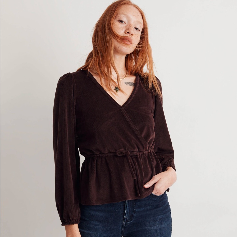 Madewell Corduroy Tie-Front Faux-Wrap Top in Spiced Raisin